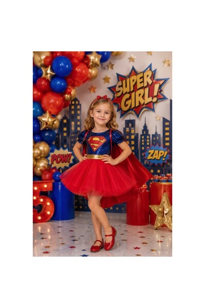 NA ADDESIGN Kız Çocuk Super Girl Pelerinli Kabarık Kostüm Elbise