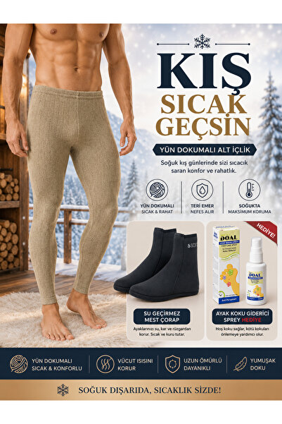 Fitwarm Erkek Örgü Yün Termal Alt İçlik + Isı Su Geçirmez Mest Çorap (35-36)-...