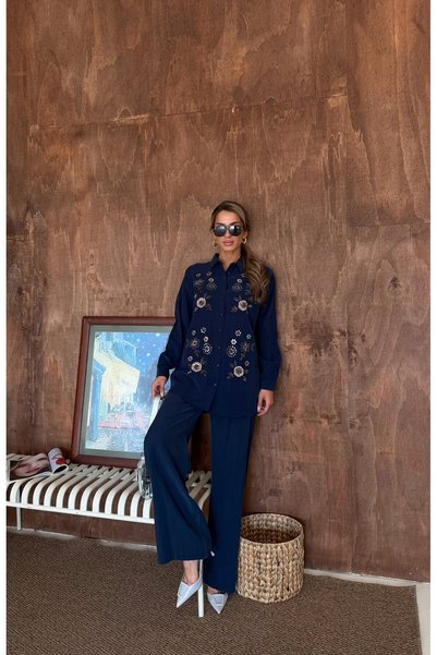 MİA NOURA Women's Shirt with Bead Embroidery on Front, Standard Pants Size Suit