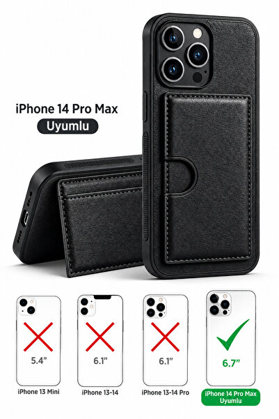 Genel Markalar İPhone 14 Pro Max Uyumlu Standlı Siyah Kartlıklı Kılıf Kadın E...