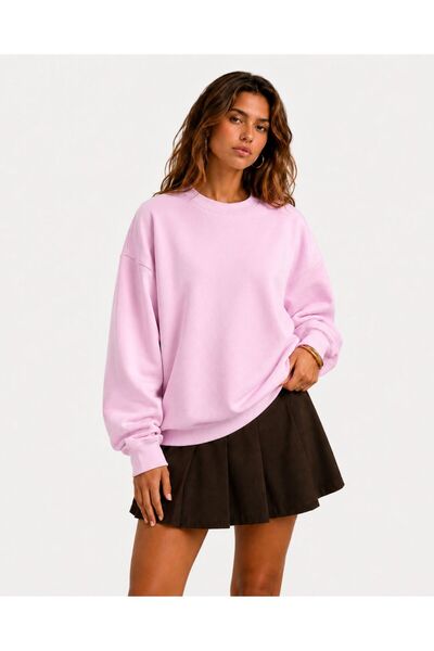 Mad&Calf Women's Crew Neck Unprinted Basic Oversize Cotton Plain Sweatshirt