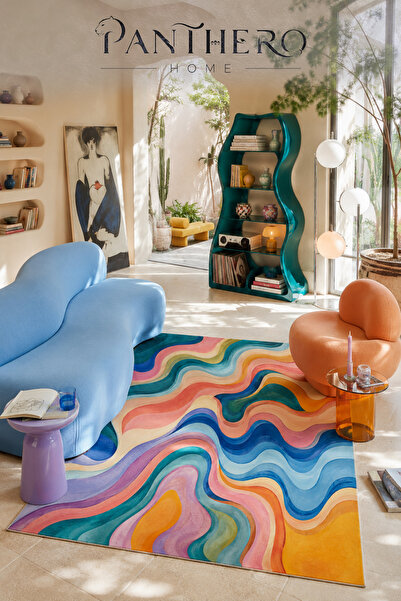 Panthero Home Mavi Pembe Dalgalı Soyut Desenli Kaymaz Taban Süngerli Yıkanabi...