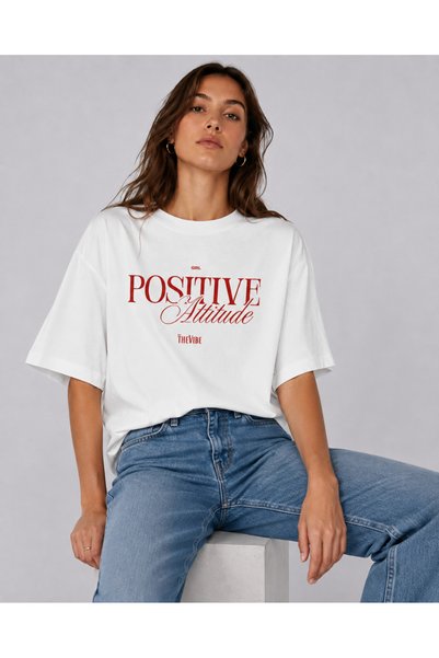 The Vibe Concept Positive Attitude Printed Women's Oversize White T-Shirt