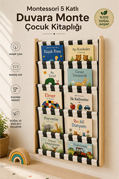 EverAlpina Montessori Duvara Monte Ahşap Çocuk Kitaplığı Kumaş Cepli Kitap Dü...