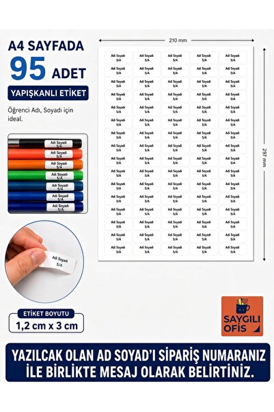 İsimli Okul Etiketi A4 95 Adet Beyaz Küçük Yapışkanlı ( Sipariş Numaranız ile İsim Belirtin )