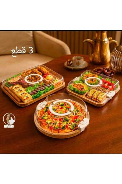 Generic طقم صحون تقديم من الخيزران معل غطاء اكلريلك مع مقبض وقفل امان 3 قطع م...