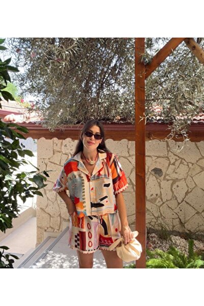 sinemkivanc co Premium Kalite Desenli Saten Tasarım Gömlek Şort Takım