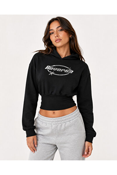 Rue Lora Butik Kadın Siyah Reverse Taşlı Crop Kapüşonlu Sweatshirt