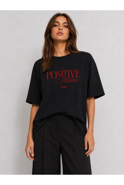 The Vibe Concept Positive Attitude Printed Women's Oversize White T-Shirt