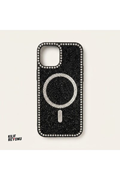 iPhone 15 Siyah Crystal Shine Taşlı MagSafe Kılıf