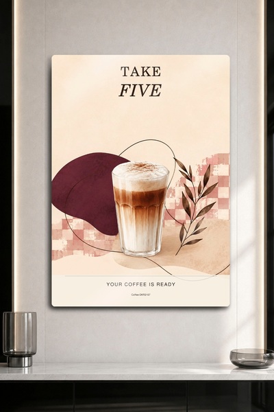 DekorHane Metal Print - Αφίσα καφέ με σχέδιο Take Five, αφρώδες κρύο λάτε και...