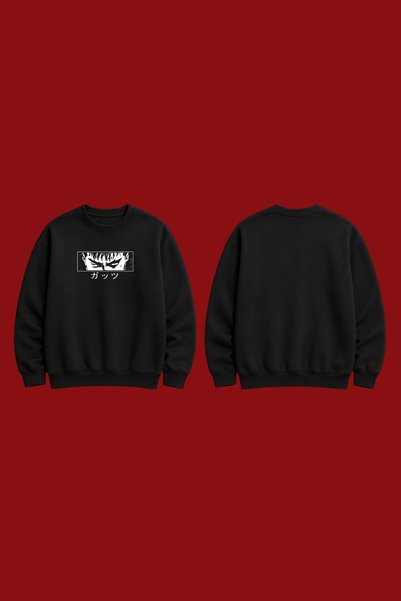 Dupe Design Berserk Anime Göz Baskılı Siyah Oversize Sweatshirt Unisex Japon Stil Bisiklet Yaka