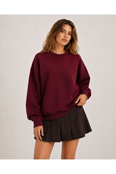 Mad&Calf Women's Crew Neck Unprinted Basic Oversize Cotton Plain Sweatshirt