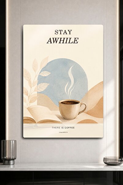 DekorHane Decor de perete metalic - Tablou cu textul „Stay Awhile” pe un cart...
