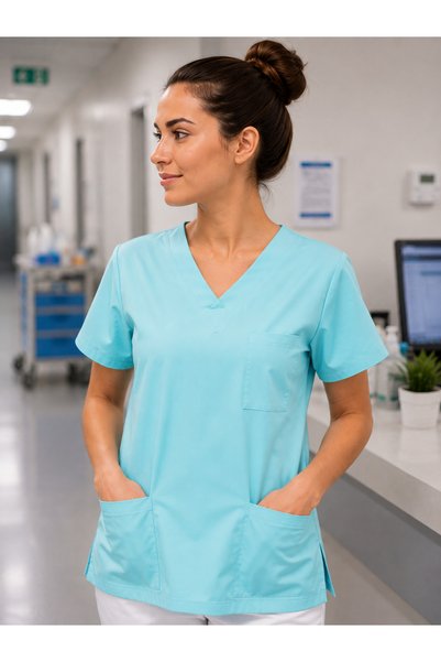 mirach Bluză medicală pentru femei, turcoaz, cu 3 buzunare - Bluză pentru asi...