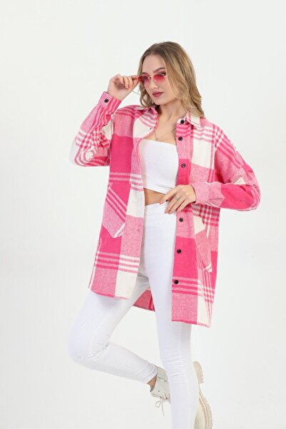 Polologin Butik Pink and White Plaid Oversized Lumberjack Shirt / Jacket with...