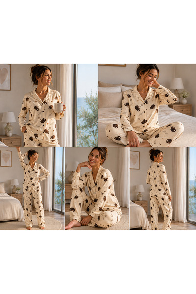 SERPİL Women's Coffee Cup Patterned Front Buttoned Shirt Collar Long Sleeve Pajama Set