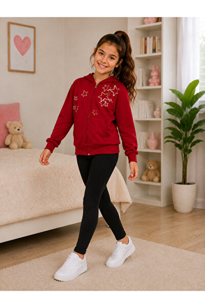 SERPİL Kız Çocuk Kırmızı Kapüşonlu Fermuarlı Sweatshirt – Yıldız Desenli Uzun...