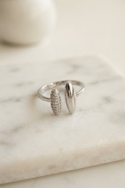 ForWhat Silver Brass with Zircon Oval Tip Double Sides Open Women's Ring for ...