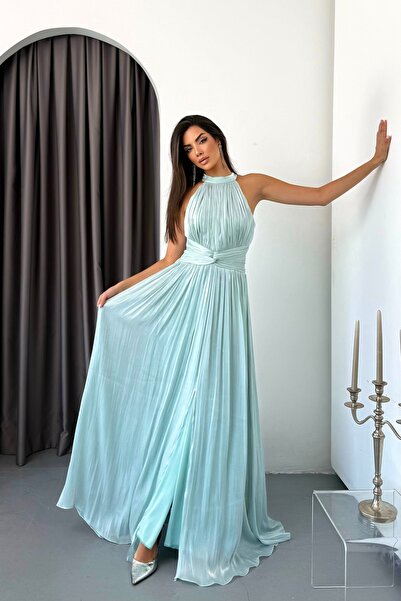 İyem Abiye Halter Yaka Organze Janjan Beli Büzgülü Abiye Elbise - Dar Kalıp