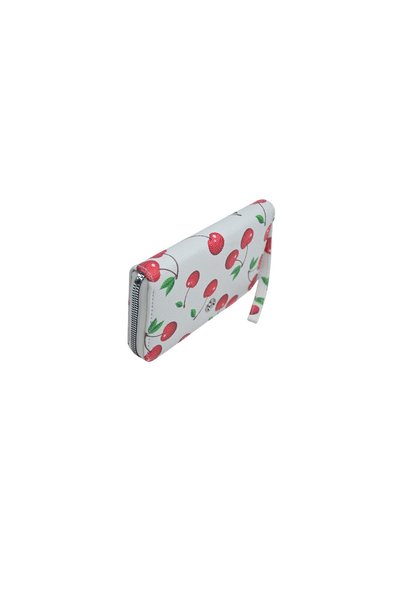 dukidasoturkiye Duki Daso White Cherry Patterned Women's Wallet with Wrist Strap, Zipper, Multi-Compartment Card Holder |   Summer N4345 B