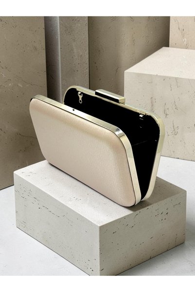 Biçanta Skin Color Striped Satin Silver Detailed Crystal Stone Chain Strap Women's Evening Dress Bag Wedding Engagement Graduation