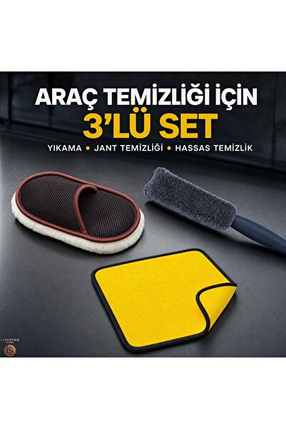 3'lü Profesyonel Oto Detailing Bakım Seti – Çizilme Önleyici Yıkama Eldiveni + Mikrofiber Jant Fırçası + Ultra Emici Kurulama Bezi