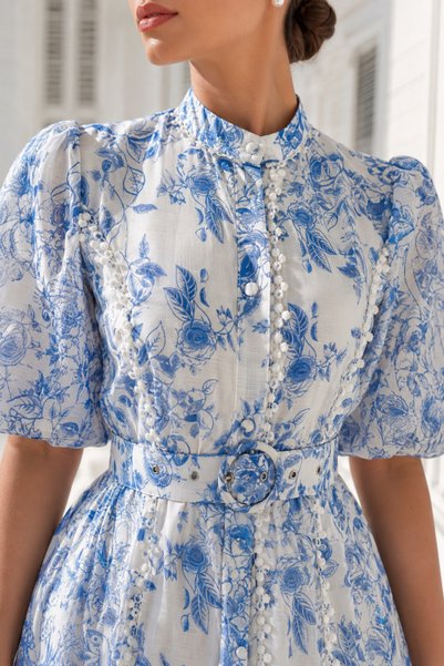 FEG STORE 95% Cotton Blue Floral Patterned Belted Balloon Sleeve Maxi Premium Dress
