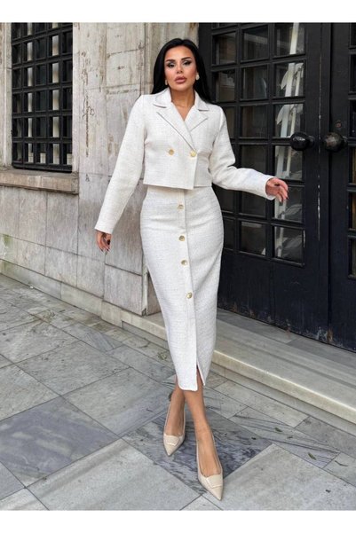 Lovely butik Set de fustă și jachetă din tweed pentru femei, cu nasturi aurii, argintiu, elegant, din două piese