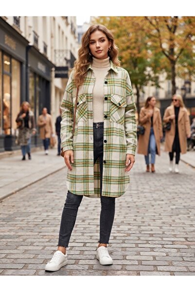 Polologin Butik Cămașă/Jachetă lungă cu model în carouri ecru, verde și galben