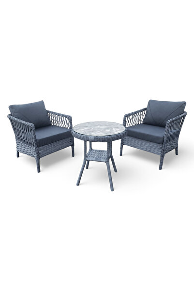 MONALİN HOME GARDEN Loft Gri 2 Kişilik(1-1-Masa) Rattan Örgü Bahçe & Balkon &...