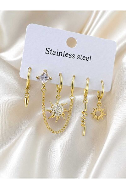 Stainlless Steel Match Asimetrik Çelik Çoklu Küpe Seti - Güneş ,Yıldız ,Krist...