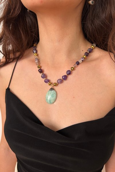 Suerte Accessories Amethyst Agate Hematite Natural Stone Amazonite Natural Stone Handmade Women's Necklace
