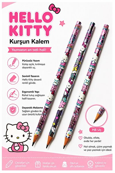 Artlantis Hello Kıtty Pencil 3 Pieces Hello Kity Round Body Black Pencil Soft...