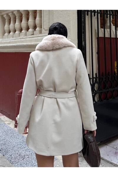 Lovely butik Women's Fur Collar Belted Cashmere Coat