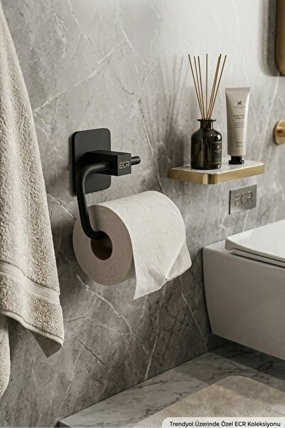 Ecr - Premium Mat Siyah Yapışkanlı Tuvalet Kağıdı Askılığı & Çok Amaçlı Banyo...