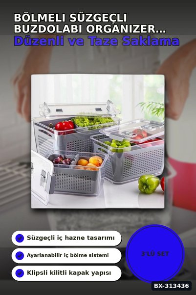 Eco Lounge Bölmeli Süzgeçli 3 Parça Buzdolabı Organizer Seti 2.5-5-9 Litre Kilitli Kapak BX-313436