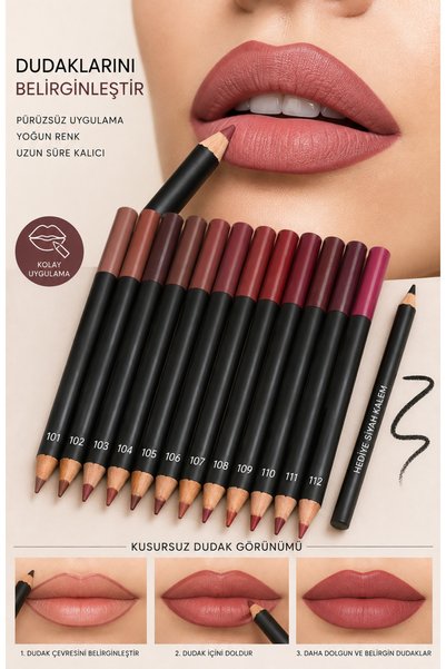 MAQYA KOZMETİK 12-Piece Lip Liner Set with Wooden Tips, Multi-Colored Lipliner + Black Eyeliner as a Gift