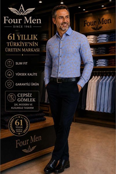 EREN STYLE Original Printed Cotton Poplin Slim Fit Long Sleeve Pocketless Men...