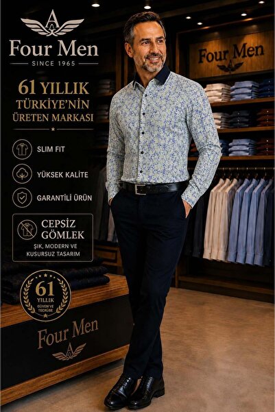 EREN STYLE Original Printed Cotton Poplin Slim Fit Long Sleeve Pocketless Men...