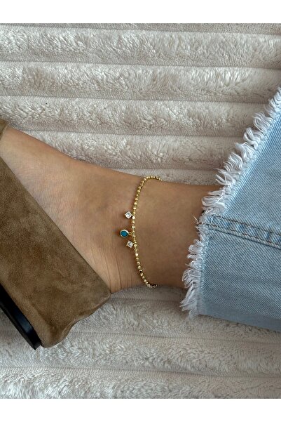 nunu takı Gold Anklet with Blue and Zircon Stones