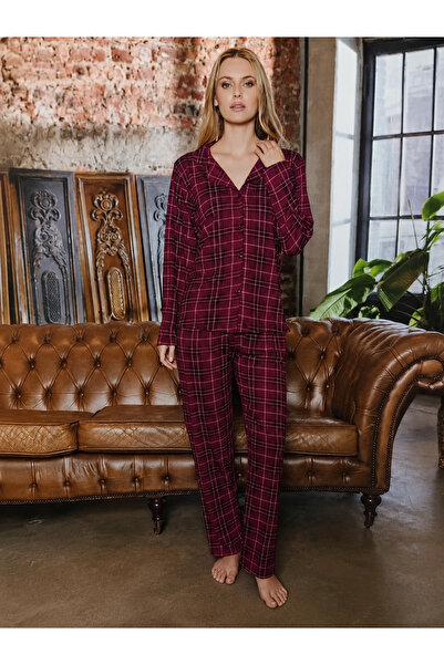 Aysha Kadın Bordo Ekose Desenli Gömlek Yaka Düğmeli Pijama Takımı