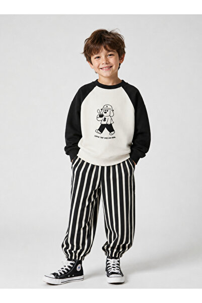 BALKABAĞI SİYAH-BEYAZ ÇİZGİLİ EŞOFMAN & OVERSİZE REGLAN KOL SWEAT TAKIM (2-8 ...