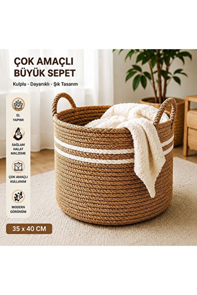 SHLM TEKSTİL 35X40 Round Basket with Handle, Bathroom Basket, Two-Color Flowe...