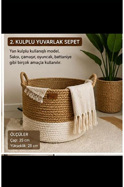 SHLM TEKSTİL 35x40 Kulplu Yuvarlak Sepet , banyo sepeti,İki Renkli Saksılık, ...