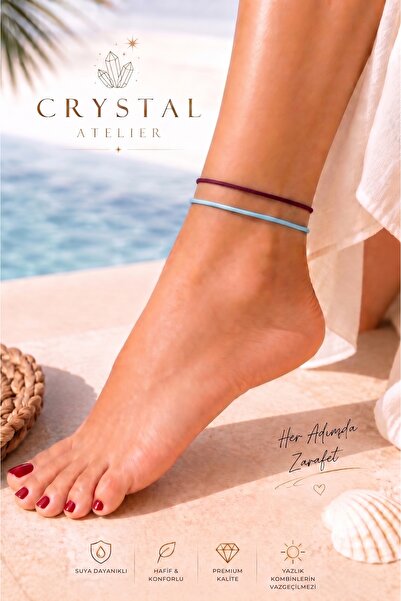 Crystal Atelier Burgundy Blue 2-Piece Minimal Rope Anklet Set Waterproof Adju...