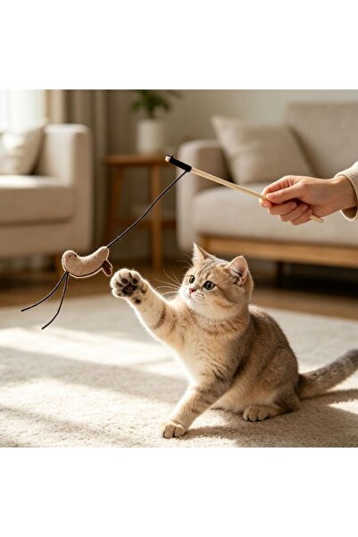 idei Fun cat stick with hanging mouse, length 40cm made of wood, toy for cons...