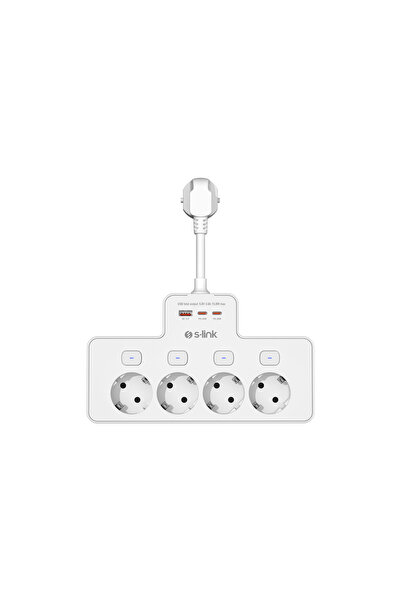 S-LINK PRZ08 Beyaz 4 Soketli 15cm 1 USB 2 Type-C PD20W Tam Bakır Kablolu Akım Korumalı Priz