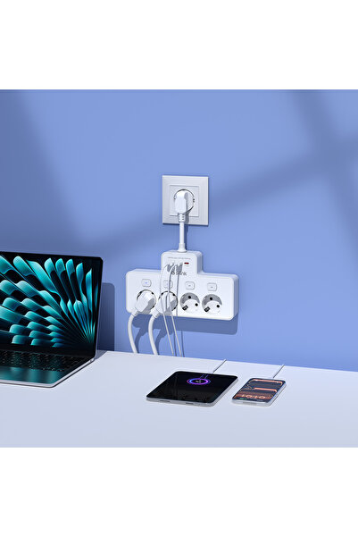 S-LINK PRZ08 Beyaz 4 Soketli 15cm 1 USB 2 Type-C PD20W Tam Bakır Kablolu Akım Korumalı Priz