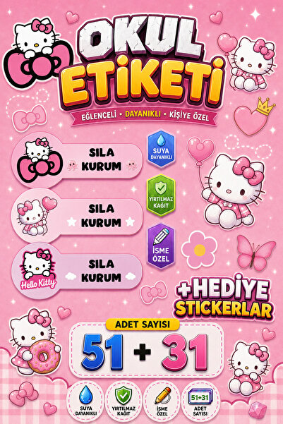 StickerLAB İsme Özel Okul Etiketi Hello Kitty Temalı Kitap Defter Etiketi Yır...